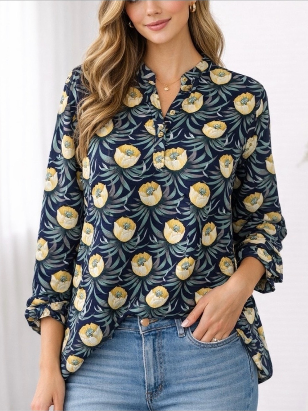 Women's Navy Floral Button-Neck Blouse - Yellow Flower Print